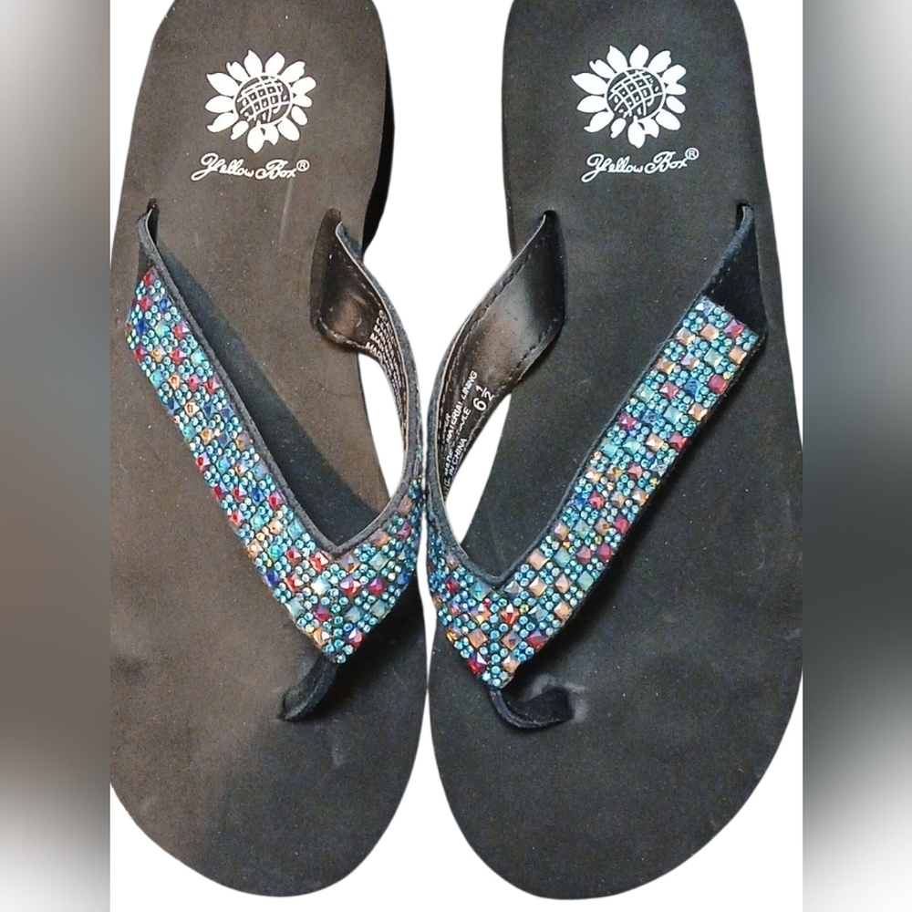 Yellow Box -NWOB, Slip-on Wedges, Multi Colored Leather Straps, Size 6 1/2, - Picture 2 of 9